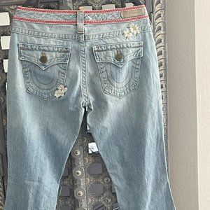 True Religion Flare Leg  Jeans Red & White  embroidery Flowers on front & back